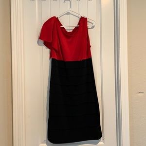 Red on black single arm short sleeve dress